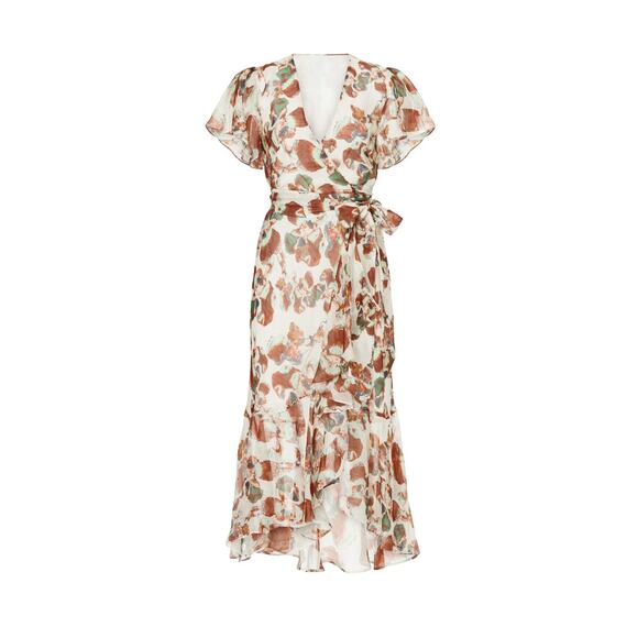 TANYA TAYLOR Floral Brown White Wrap Ruffle Sleeves Floral Blaire Dress Size 4 - Picture 3 of 13